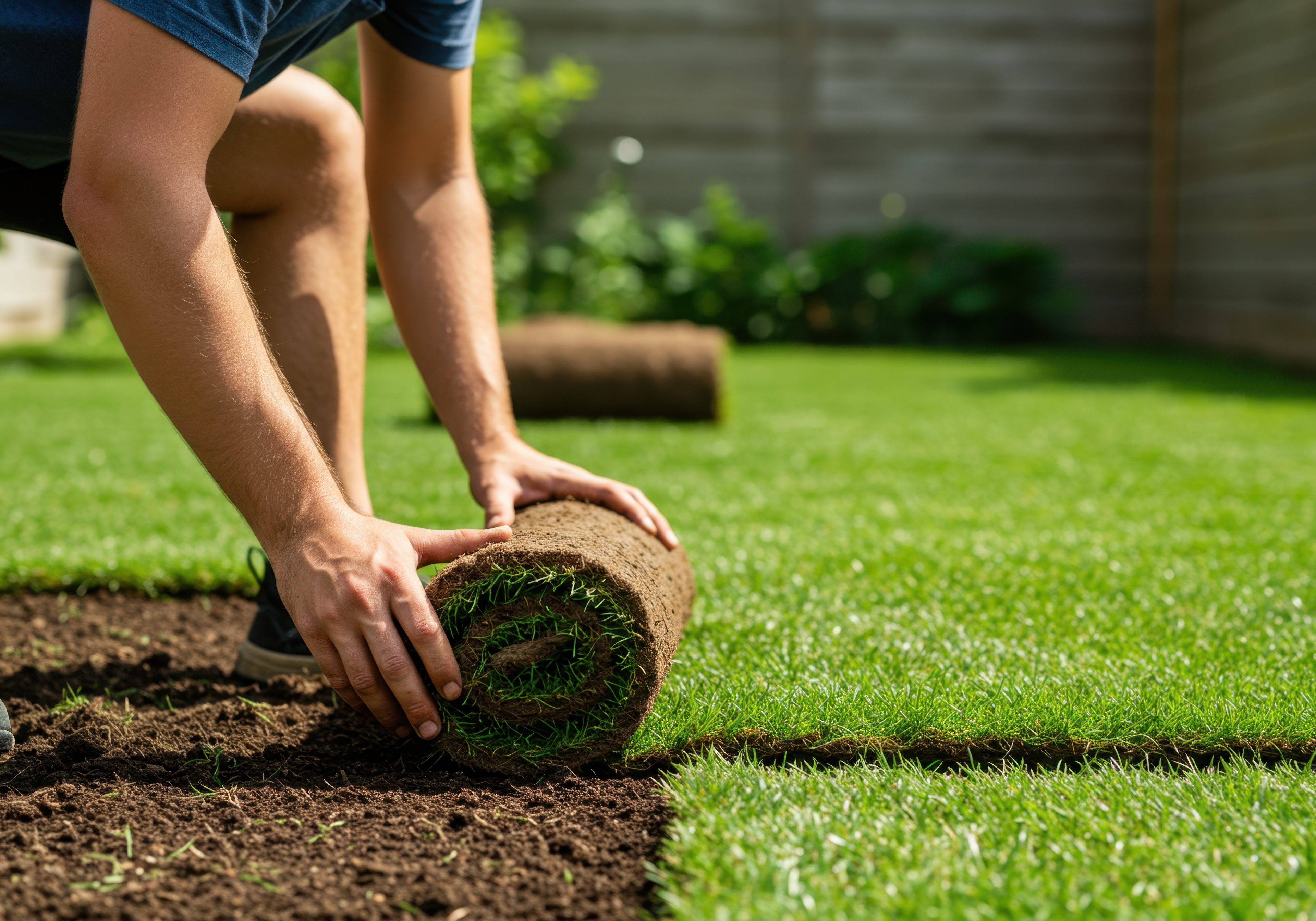 Worker installing rolled sod turf onto prepared soil in residential garden